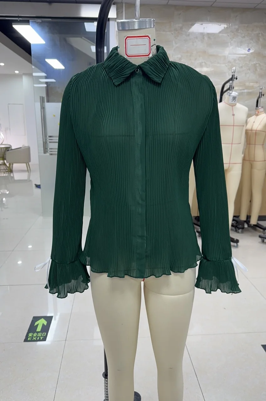 

Women Pleated Shirts Solid Color Long Flare Sleeve Collared Button-up Blouse Casual Fall Streetwear