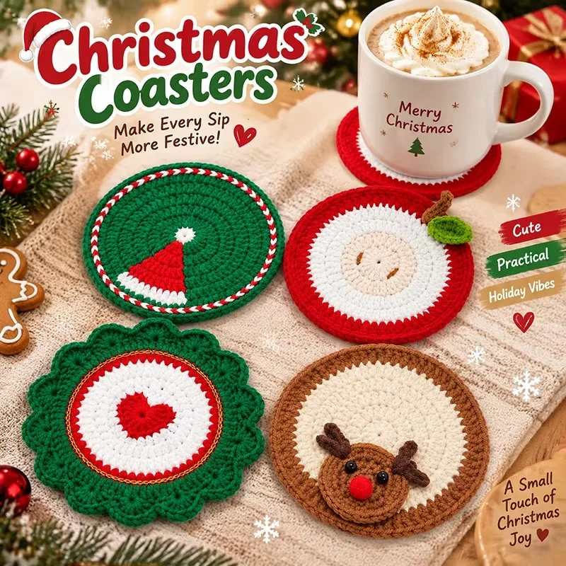 16pcs Handmade Crochet Santa Claus Coasters Durable Fabric Drink Tray Holiday Table Setting Halloween Christmas Decoration
