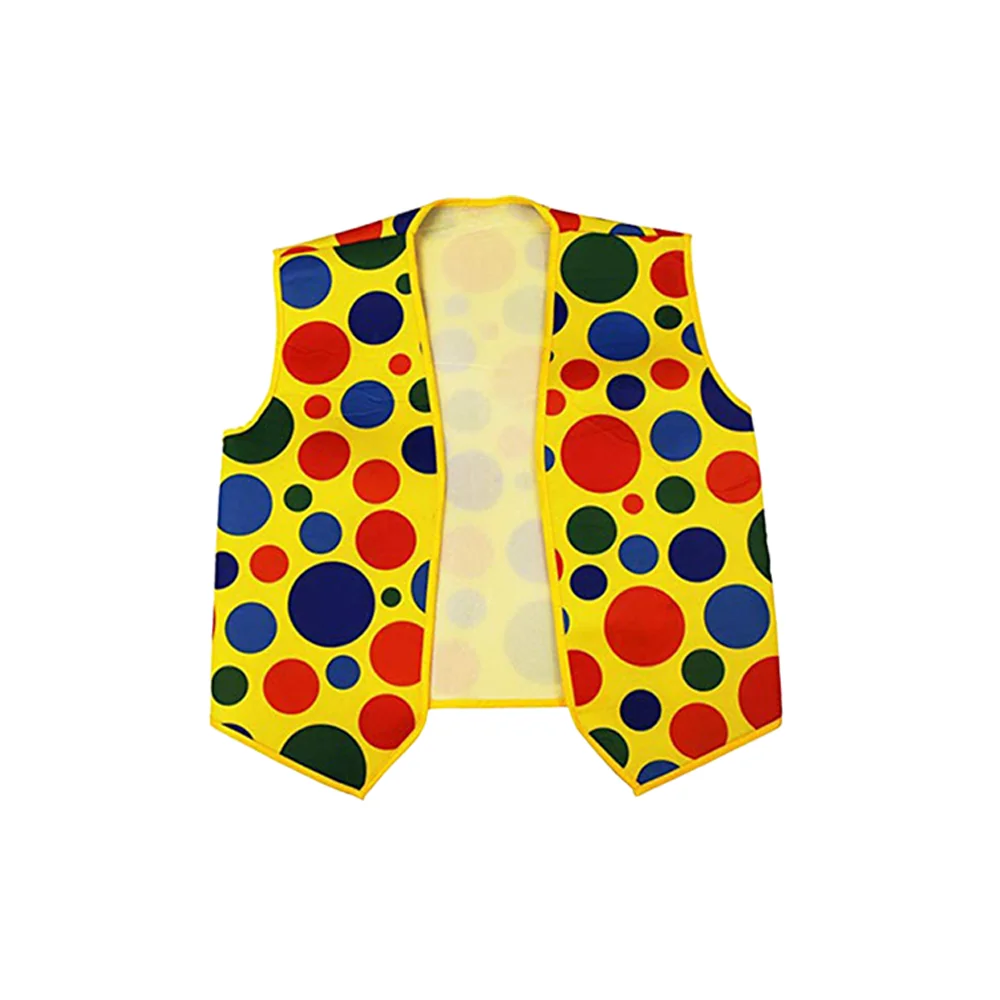 Clown spielt Kostümzubehör: explosive Perücke, gepunktete Weste, Fliege, Krawatte und rote Nase, geeignet für Zirkusaufführungen