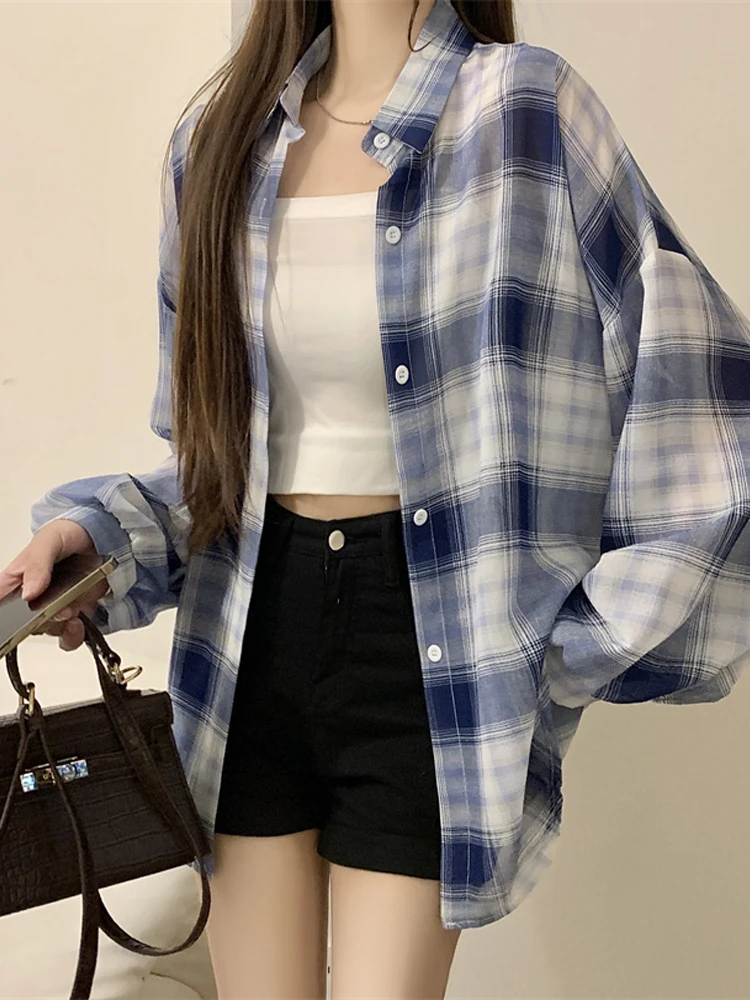 Summer Women's Plaid irt Loose Lazy Sle Air Conditioned Thin Casual Versatile Long Outerwear Cardigan Sun Protection Coat