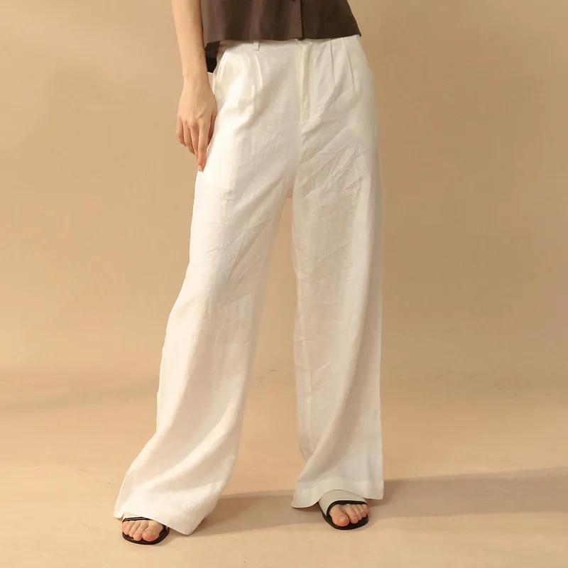 100% Linen Basic Women's Straight Pants Retro Loose Casual Trousers Versatile and Elegant Spring Summer Linen Wide-Leg Pants