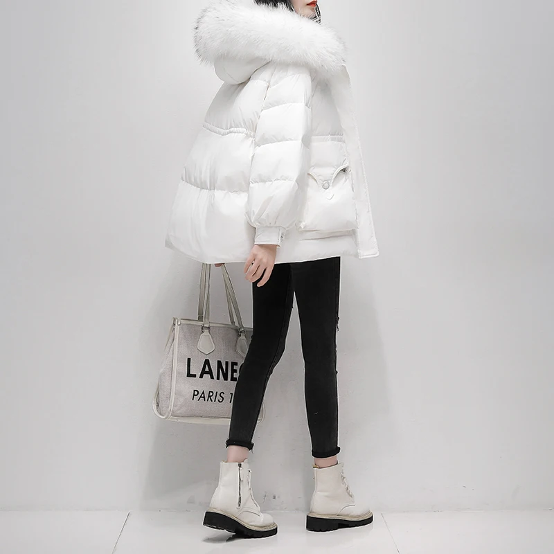 Real fur collar Short Down Jacket Women 2023 Winter New Warm Parkas Fashion Hooded White duck down Coat  Female Loose Overcoat