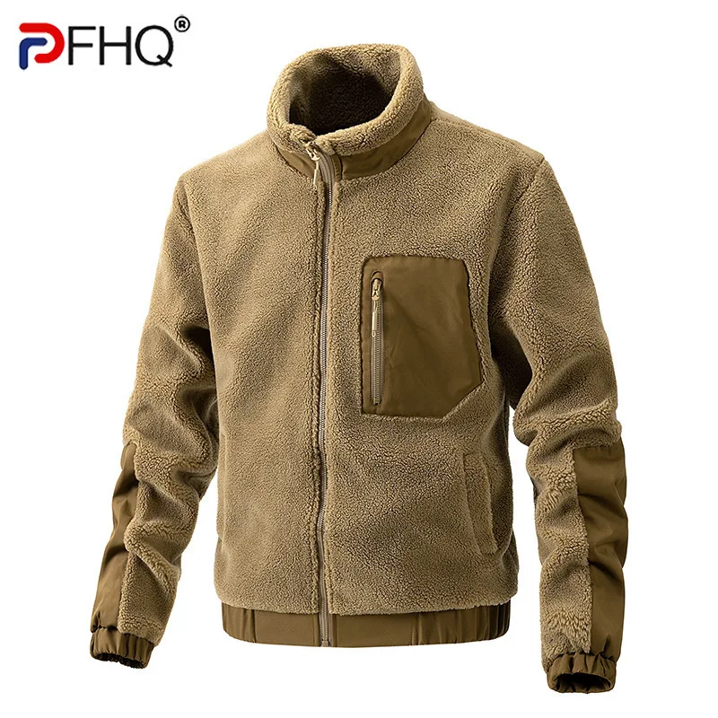 PFHQ Lamb Cashmere Jacket For Men's Autumn Winter Stand Collar Fleece Casual New Cardigan Solid Color Male Tops 21Z6800