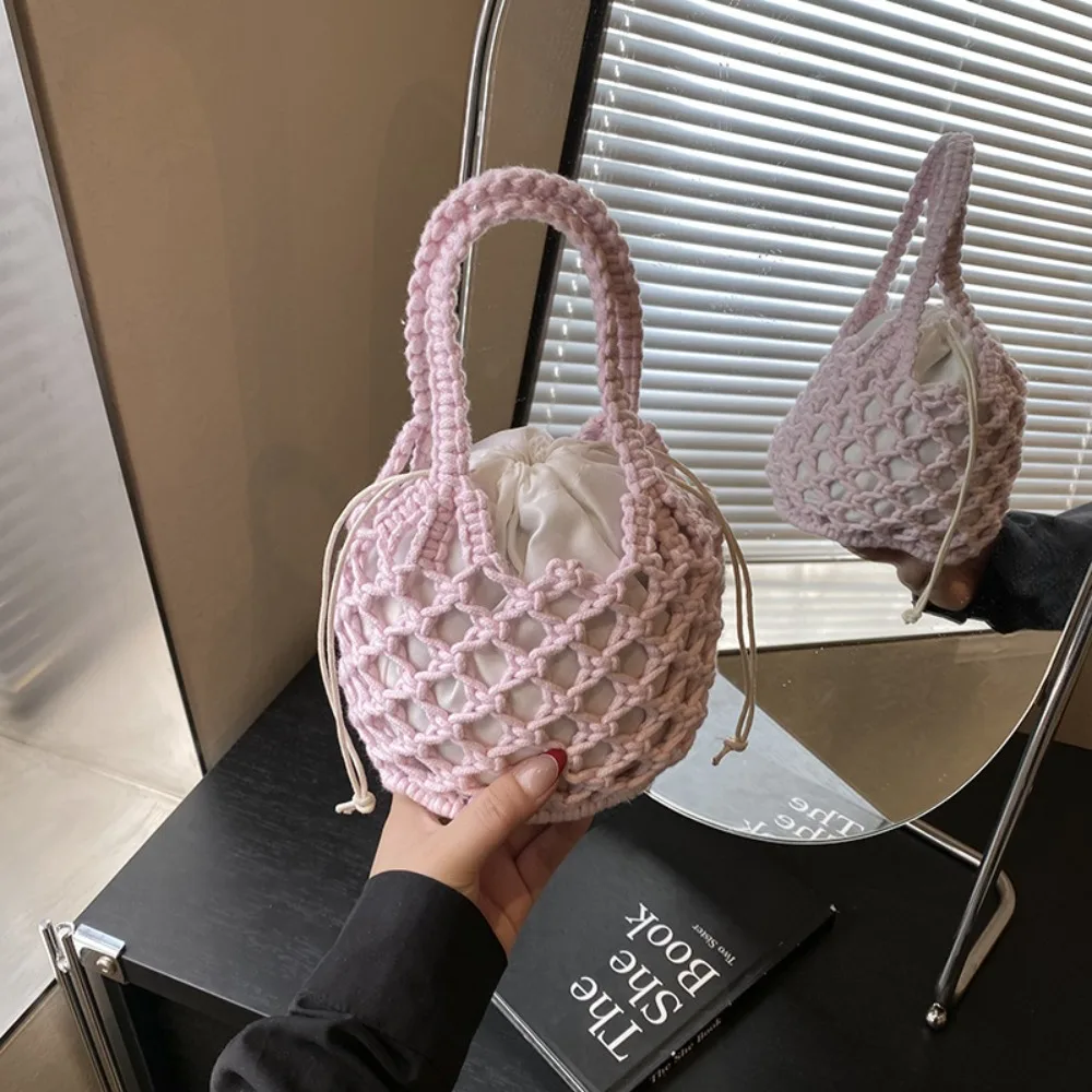 

Simple Mini Bucket Bag Knitted Bag Bohemian Hollowed Out Crochet Tote Bag Storage Bag Handbag Weave Bag Shopping