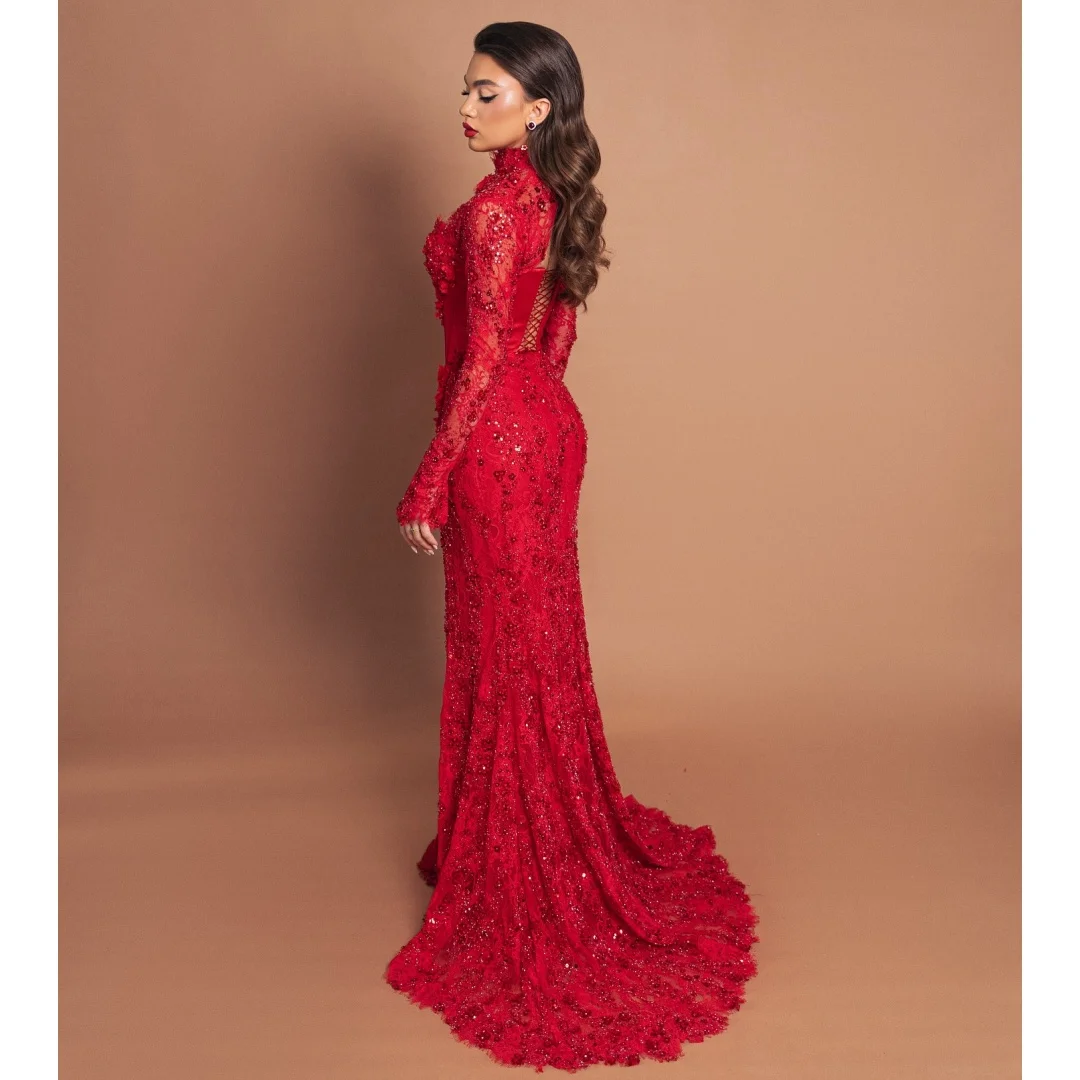 

Red Mermaid Evening Dresses Woman Bustier Corset Prom Dress Side Slit Lace Sequins Wedding Party Gown Customized Vestidos