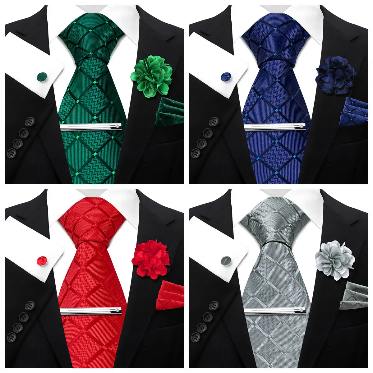 Elegant Classic Luxury Men Plaid Tie Set 5 Pcs with Pocket Square Cufflinks Tie Clip Brooch Business Formal Wedding Gift