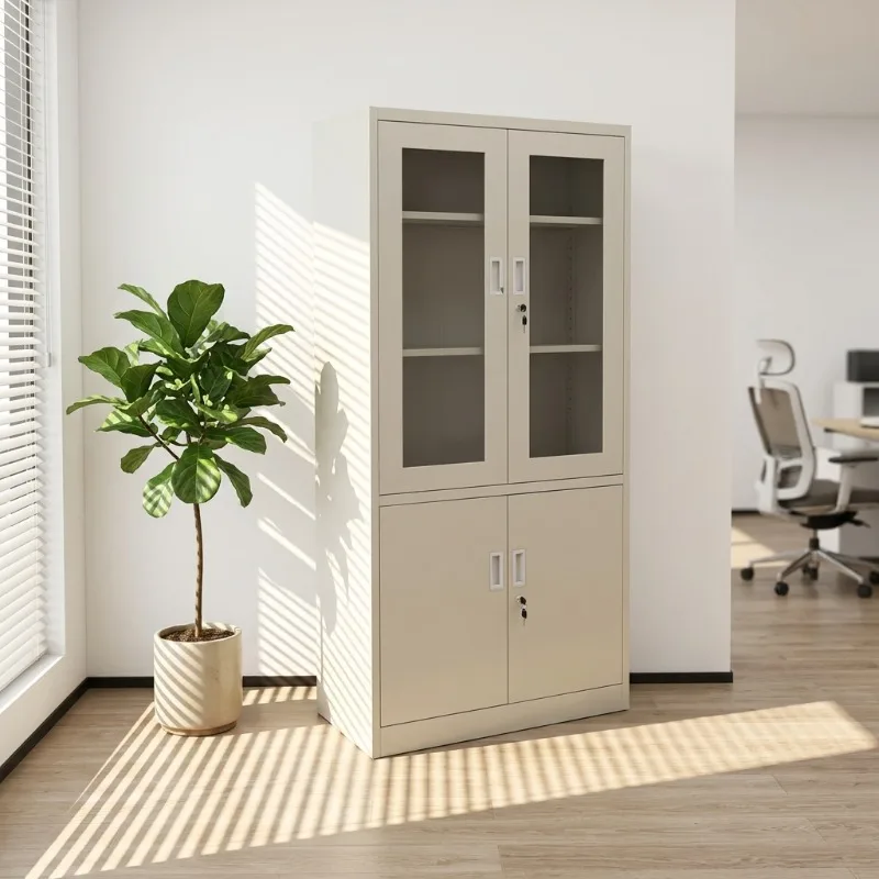 Modern 2-Swing Door Metal Storage Cupboard 5-Layer Steel Display Glass Filing Cabinet for Office Multi-Use for Schools Hospitals