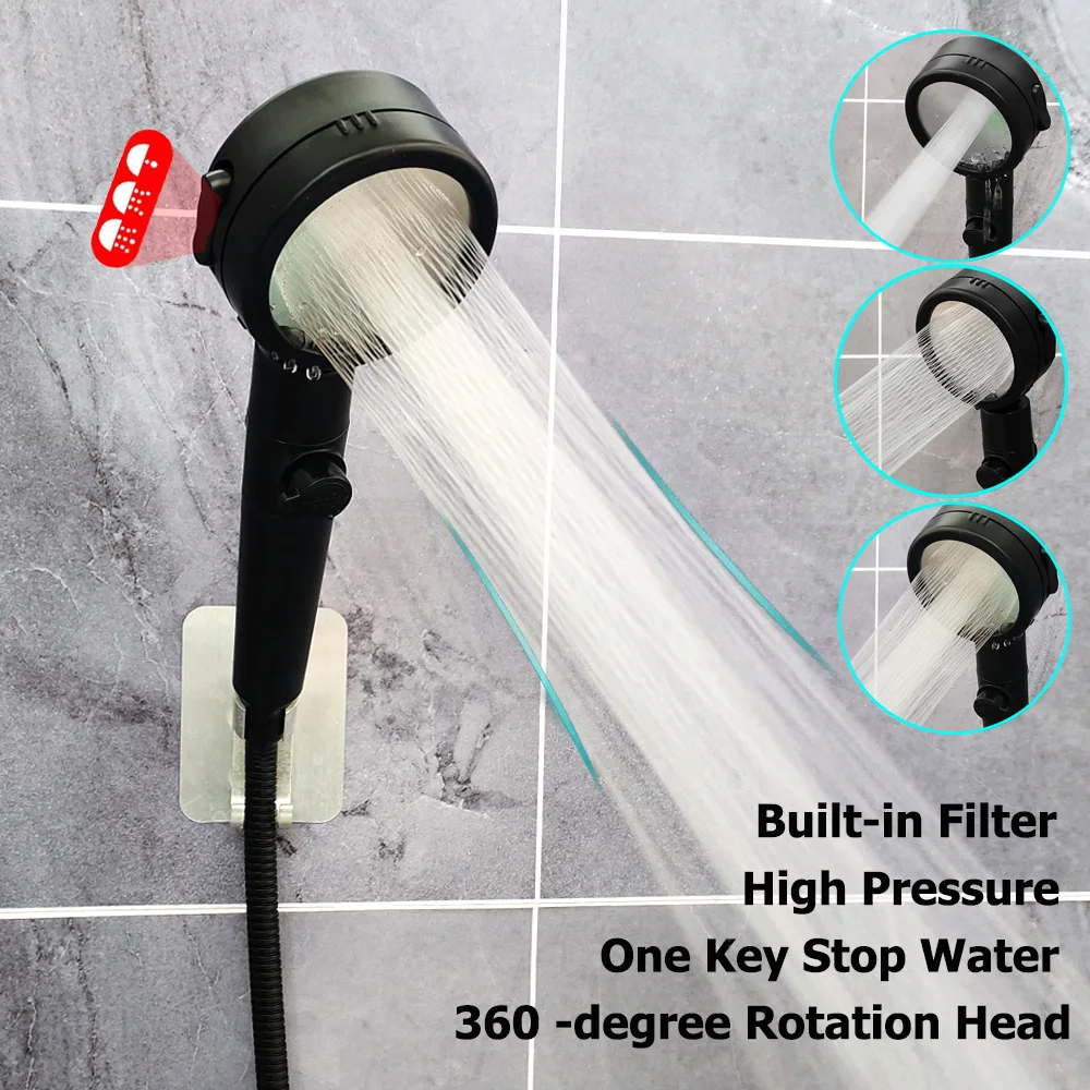 Black Silver Shower Head High Pressure Water Saving 3 Modes Handheld heads 360 Rotation Filter  Bathroom Accessories