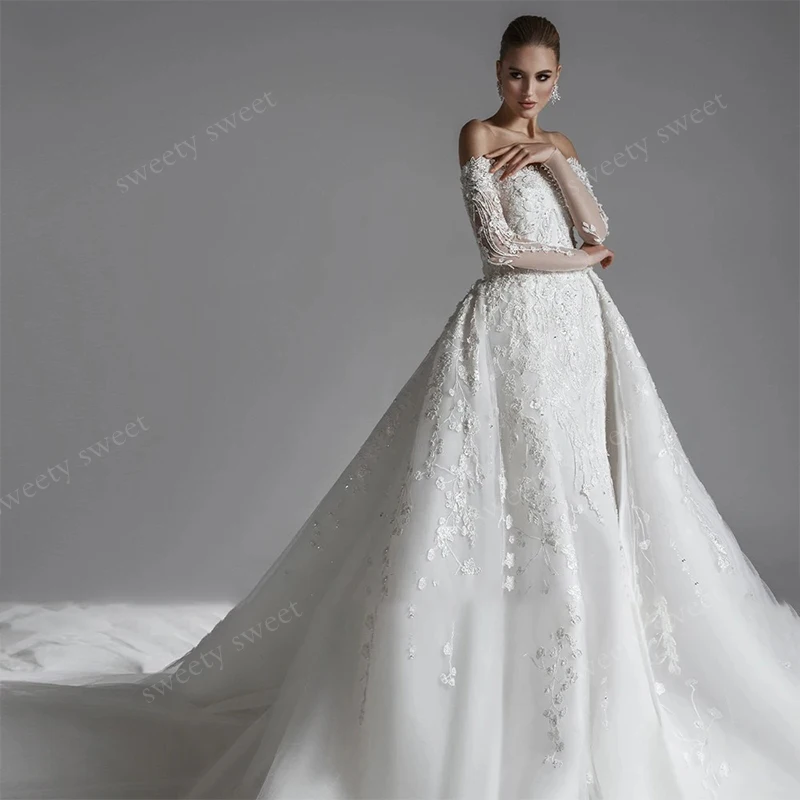

Romantic Detachable Train Weddingdress Mermaid Organza With Embroidery Ballgown Boat Neck Fullsleeve Customized Vestido De Novia