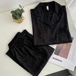 Pajamas Pour Femme Black Leopard Pyjamas 2Pcs Sleepwear Long Sleeve Shirt&pants Women's Home Clothes Silk Satin Loungewear