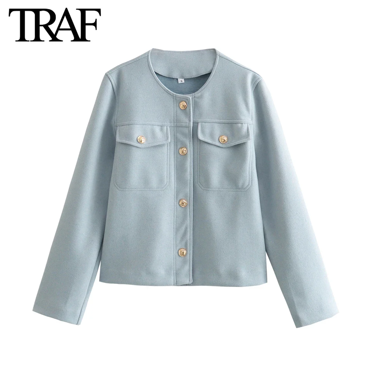 TRAF Women Fashion Spring New Flip Pocket Single-breasted Crewneck Jacket Tweed Short Coats Chic Ladies Tops Mujer