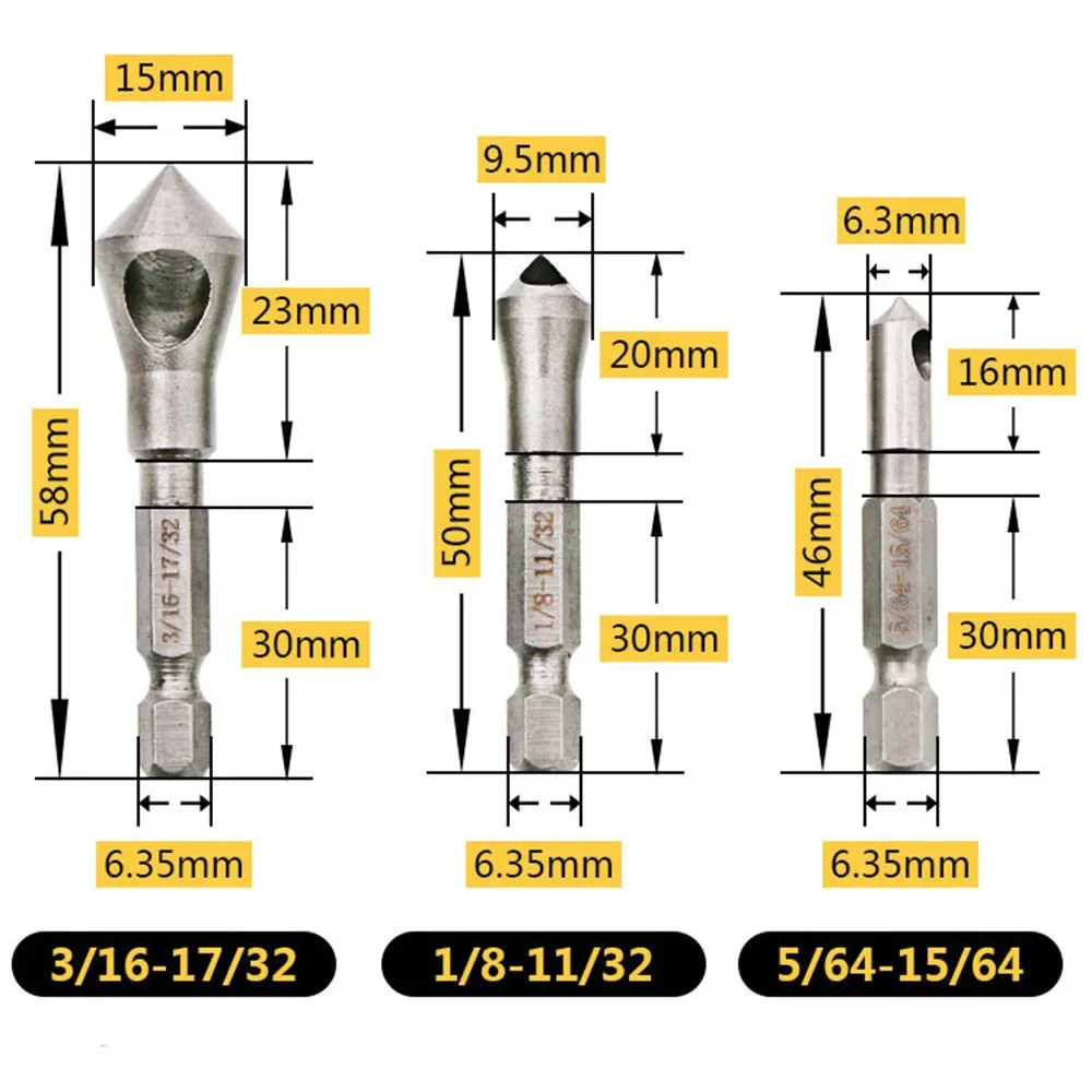 STONEGO 3PCS 90 Degrees Countersink Bit Deburring Drill Bits Tapper Hole Cutter Hand Tools Wood Soft Metal Plastic Chamfer