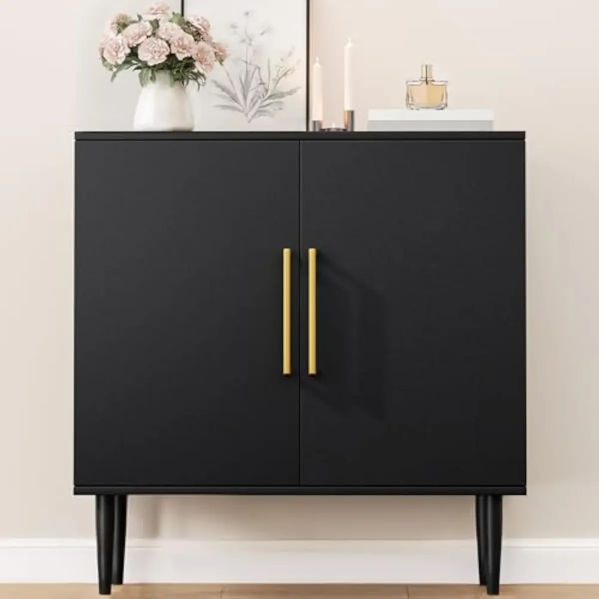 Modern Freestanding Credenza with Spacious Dual Shelves, Scratch-Resistant MDF Construction, Waterproof Surface, Gold-Tone Hardw