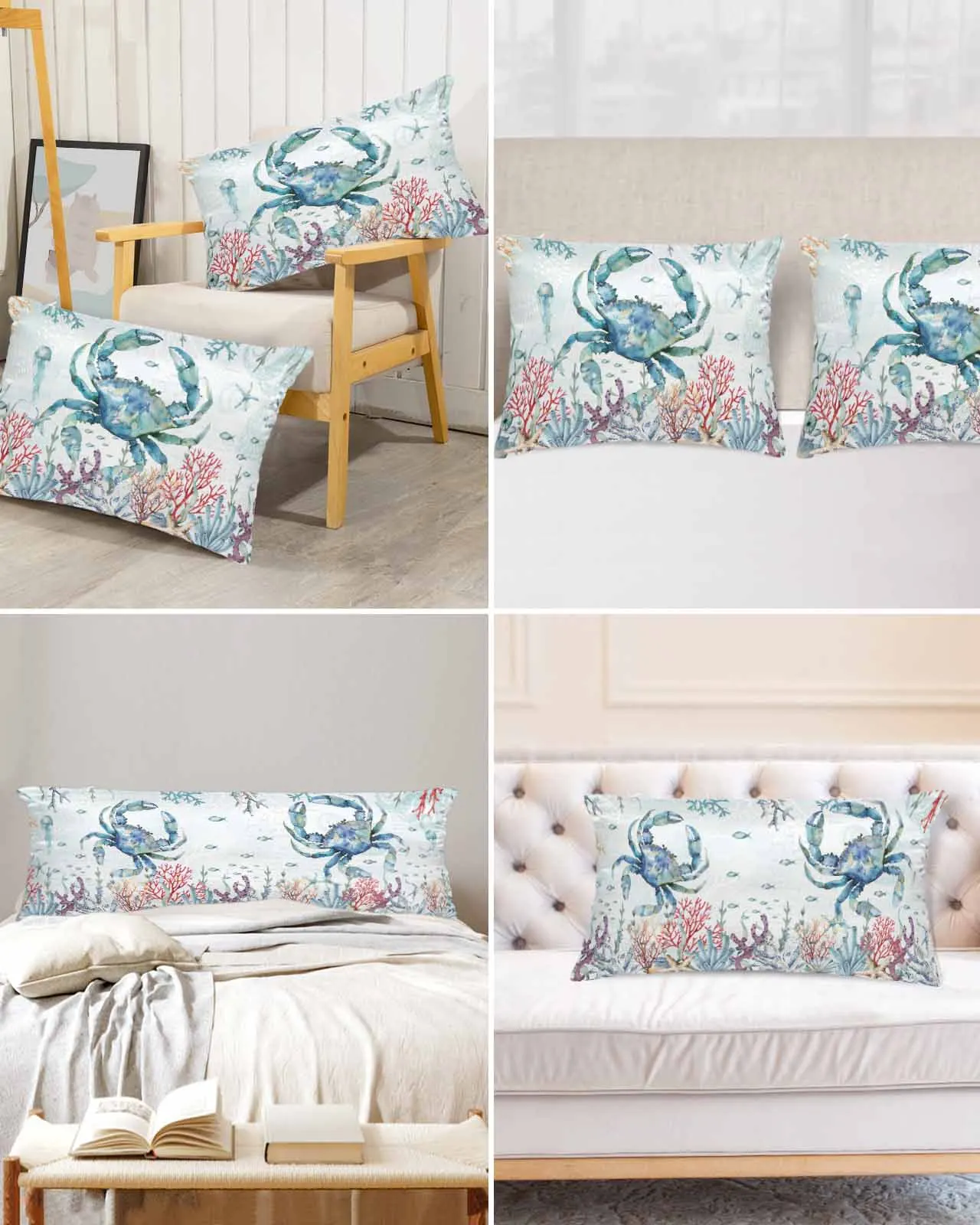 Summer Ocean Coral Blue Crab Starfish Jellyfish Bed Satin Pillowcase Sofa Pillow Cover Case Bedroom Satin Cushion Covers Home