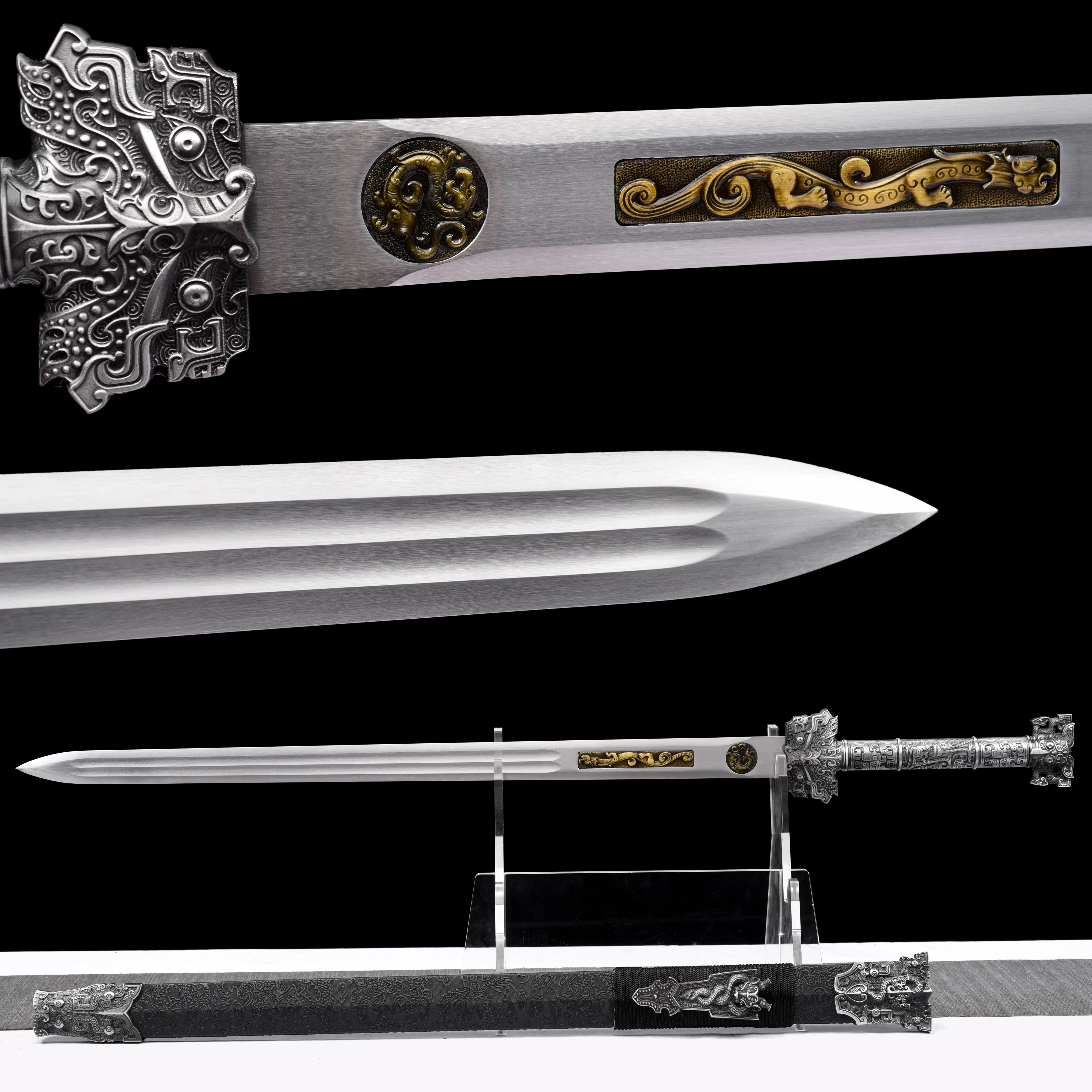 

Medieval Chinese legend cosplay Dragon King Sword Performance stage training, real sword sharp weapon battle preparation,Samurai