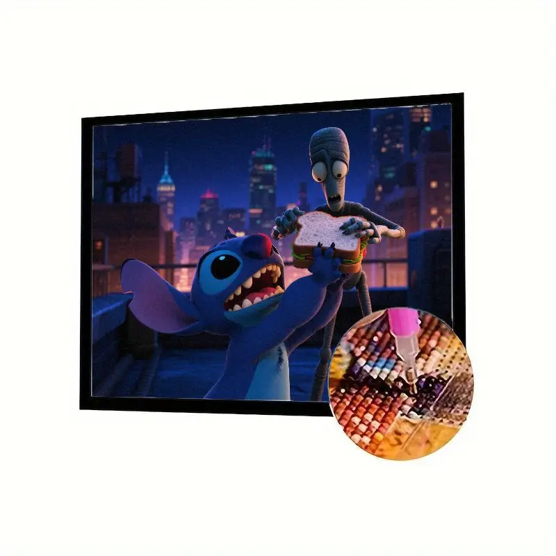 

1PC Disney Lilo & Stitch Diamond Painting Kit - Funny Cartoon Alien Stitch & Pleakley with Sandwich on Rooftop Night City Scene,