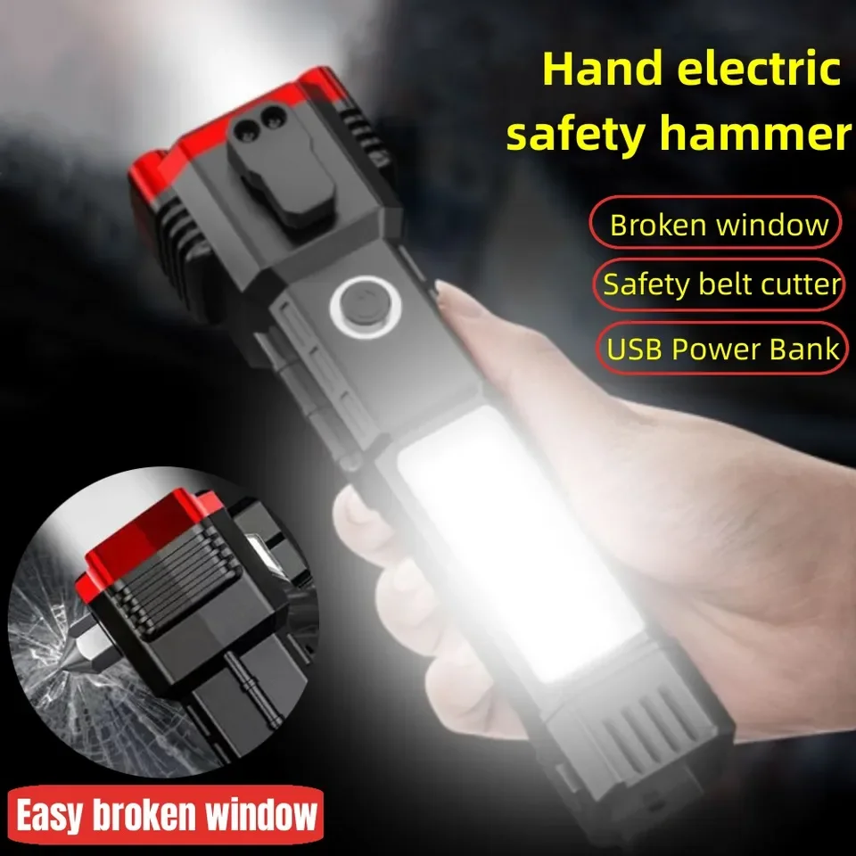 Multi-functional Rechargeble Flashlight Car Safety Hammer With Strong Magnetic Emergency Life-saving Window Breaker Torch Lamp