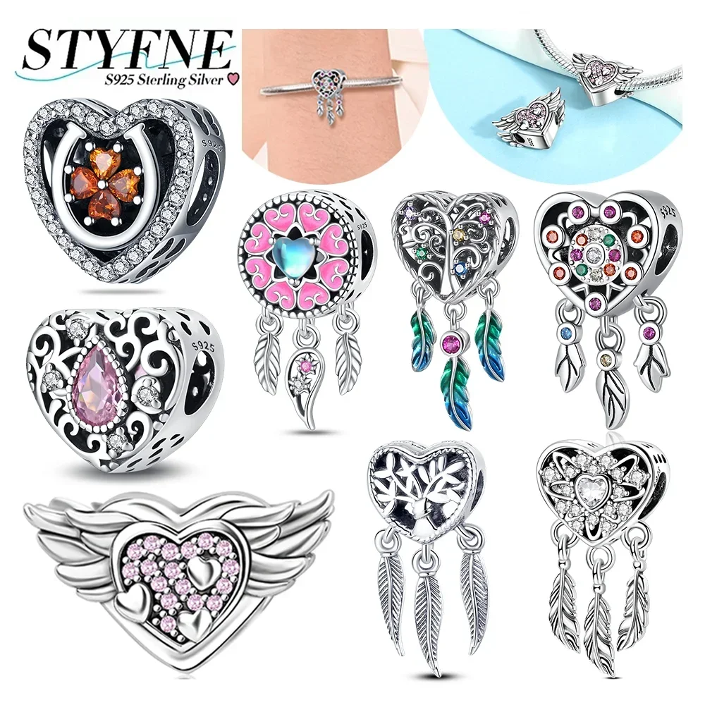 

Exquisite Elegant 925 Sterling Silver Heart Shaped Beaded Four Leaf Clover Love Dream Catcher Charms Beads DIY Jewelry for Women