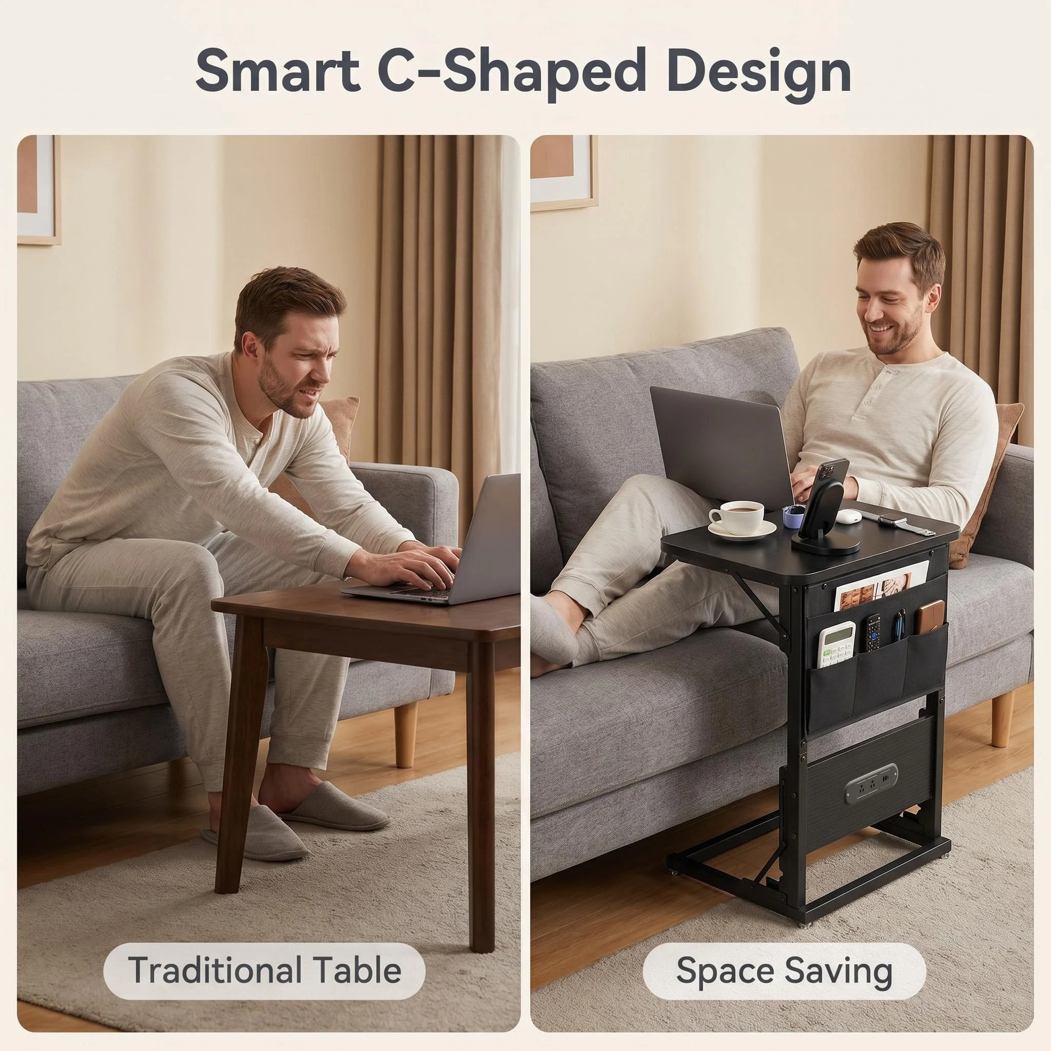 FRODROVIA Folding Side Table with Builtin Power Outlet, C Shaped End Table with Fabric Storage Pocket, Waterproof EasytoClean Tabletop, Adjustable Spiral Feet, Available in Black White Brown for So image 4