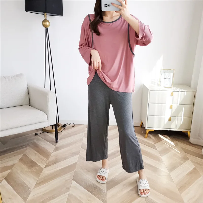 

Fdfklak Modal Thin Maternity Clothing Spring Autumn Pregnancy Pajamas Set Long Sleeve Nursing Pyjama Women Homewear Suit