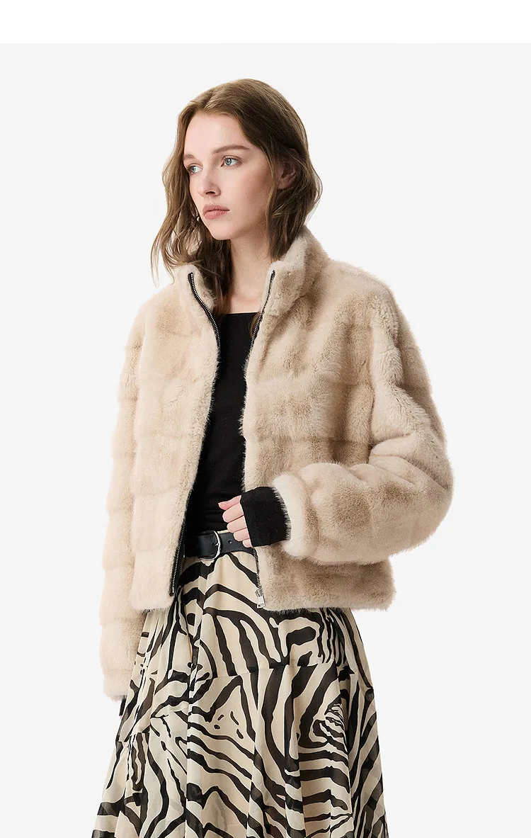 Imitation fur light apricot stand-up collar, imitation fur short jacket, environmentally friendly wool coat, French light luxury