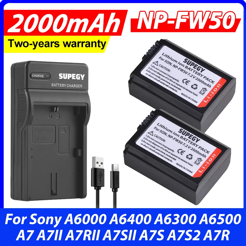 NEW 2000mAh NP-FW50 NP FW50 Battery + USB Charger for Sony A6000 A6400 A6300 A6500 A7 A7II A7RII A7SII A7S A7S2 A7R
