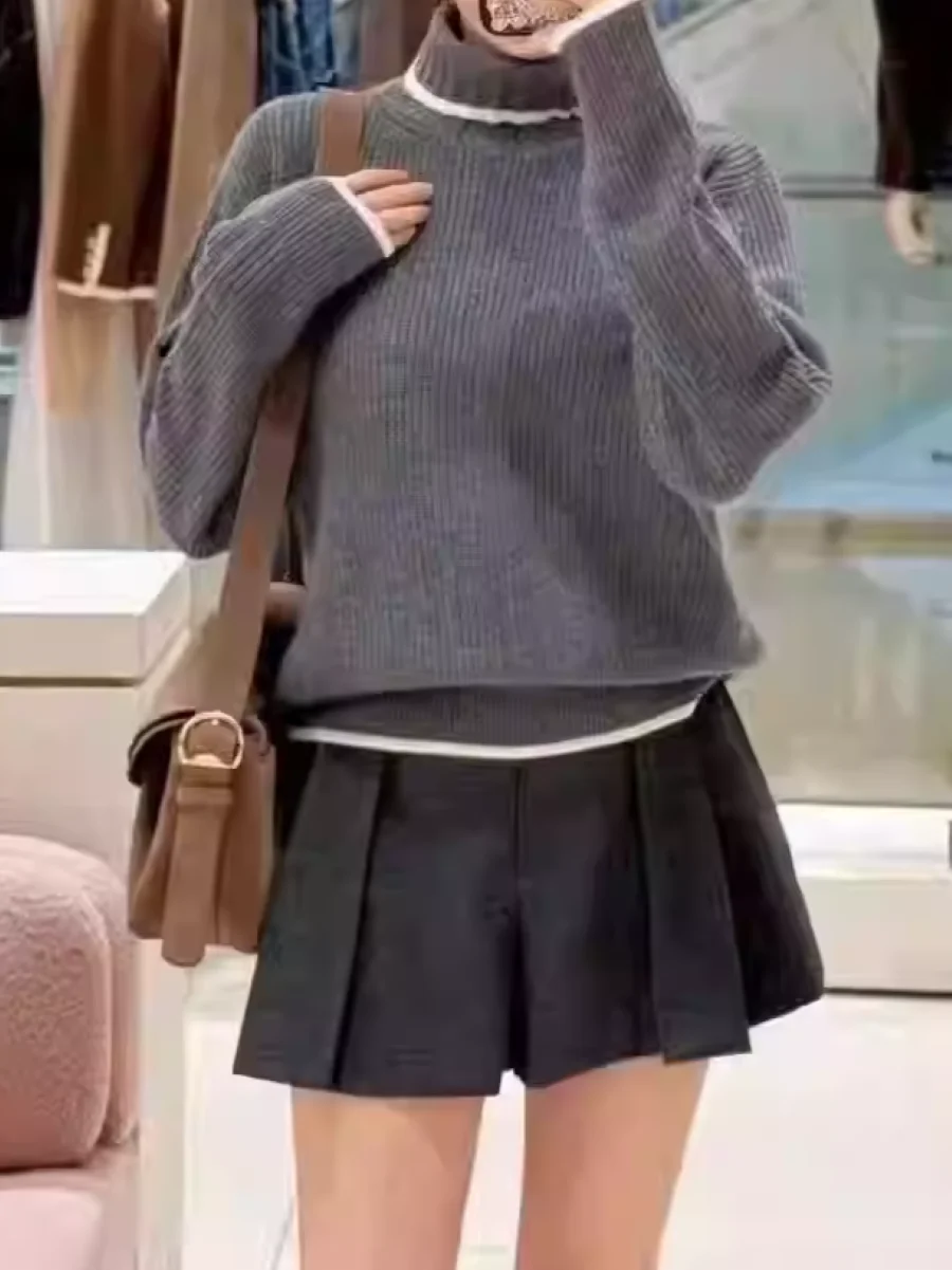 

Women Color Contrast Sweater High Neck Long Sleeve 3-Color Casual Female Knitted Pullover