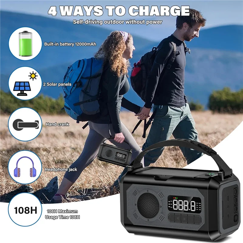 

12000Mah Emergency Weather Radio Hand Crank Radio Solar Radio Portable AM/FM/NOAA Radio With Flashlight Reading Lamp-A Durable