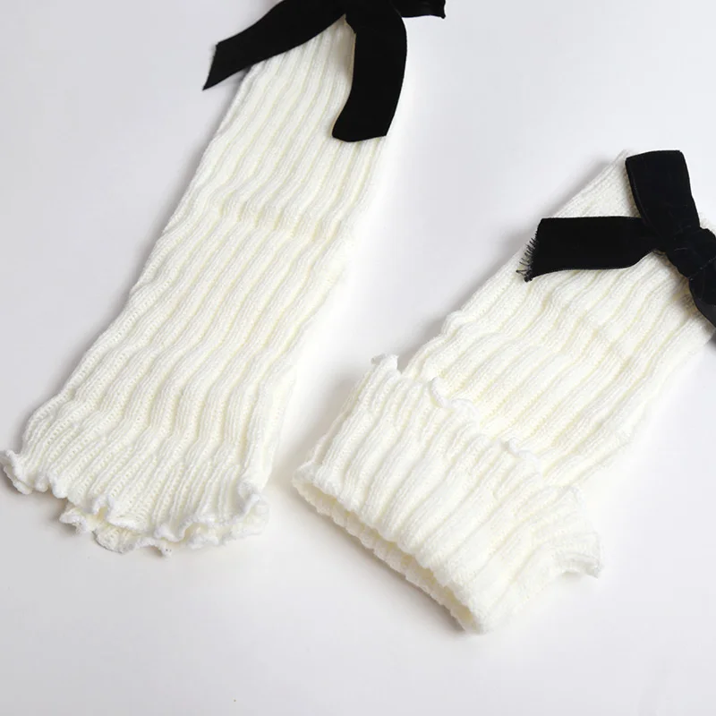 Japanese Women Knitted Leg Warmer Bow Socks for Girl Lolita Socks Calf T-shaped Lace Leg Horn Warmers Women