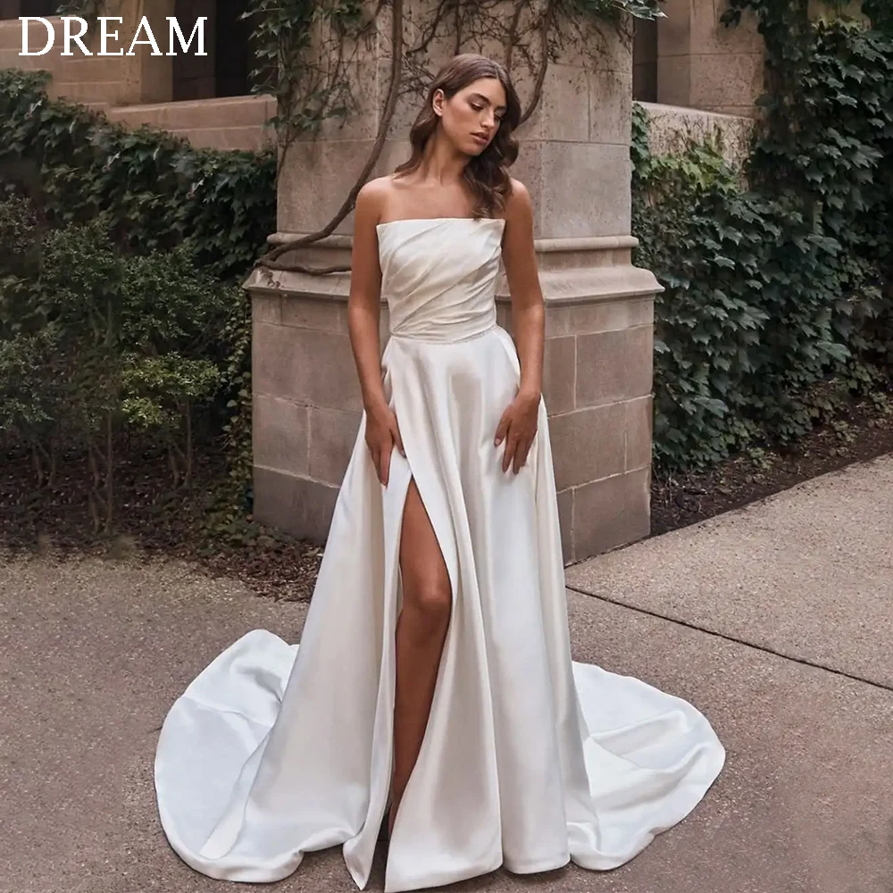 

Customized Simple Ivory Long Wedding Dresses for Women Satin Sleeveless Floor-Length A-Line Bridal Dress Vestidos De Novia 2025