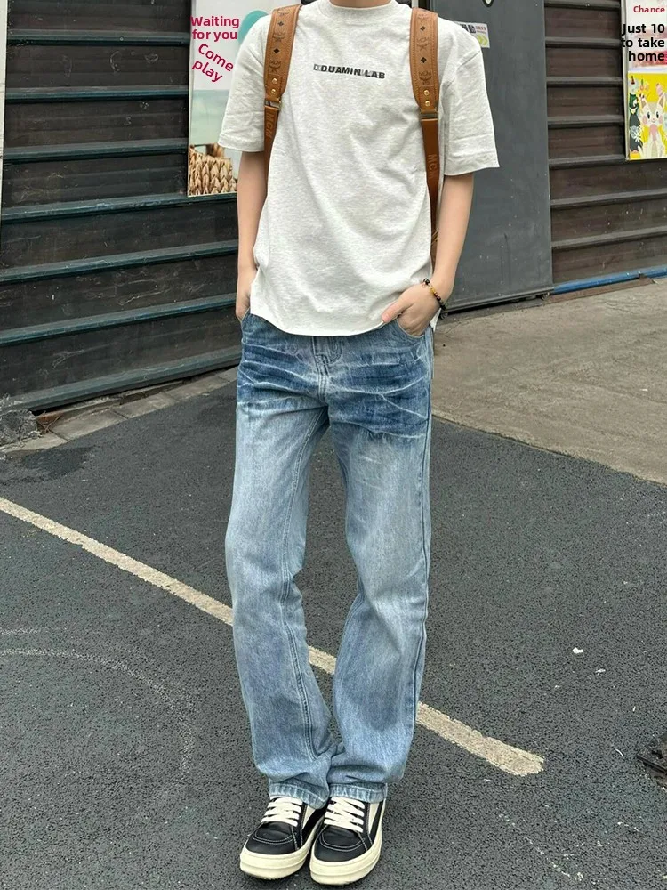 

Светло-голубые мужские джинсы с узором в виде молнии, летние американские джинсы в стиле High Street, свободные прямые брюки, износостойкие