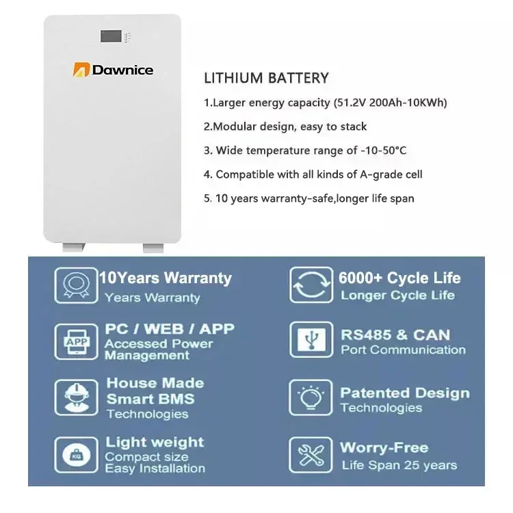 Dawnice 10kwh 15kwh 51.2V 48v 200ah power solar battery lifepo4 wall mounted energy storage lithium battery