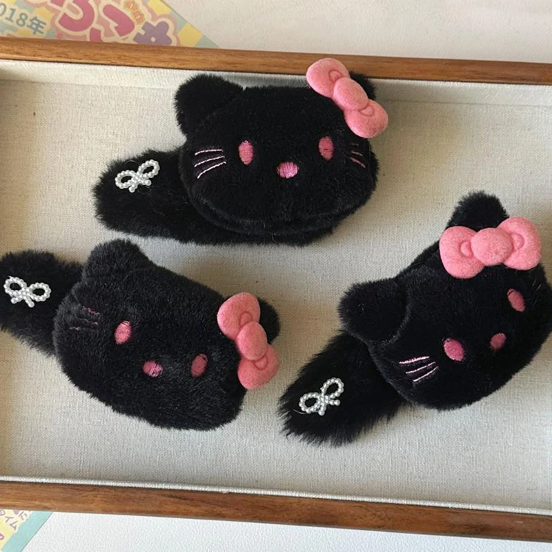 Sanrio-Hello Kitty Cartoon Bangs Side Clip para Meninas, Black Plush Hairpin, Pearl Bow, Sweet KT Cat Hair Clip, Presentes Bonitos, KT Acessórios