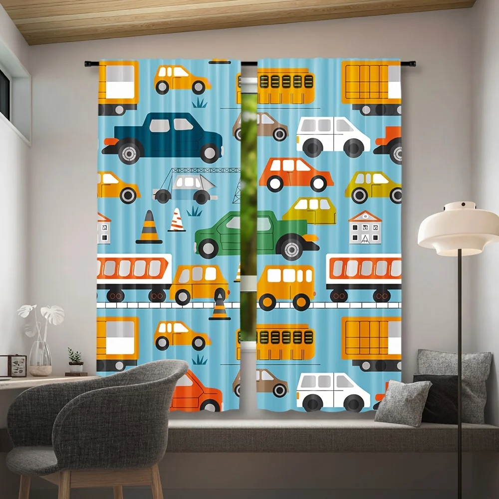 Cartoon Colorful Car Curtains 2 Panels, Truck Bus Van Traffic Cone Cute Vehicle Light Blue Background for Boys Bedroom Curtain