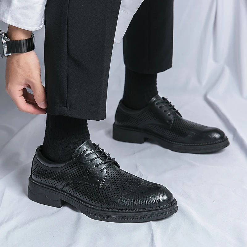 Summer Retro Classic Derby Shoes Double Layer Cowhide Breathable Lace up Business Dress Shoes Outdoor Comfortable Shoes Men Shoe