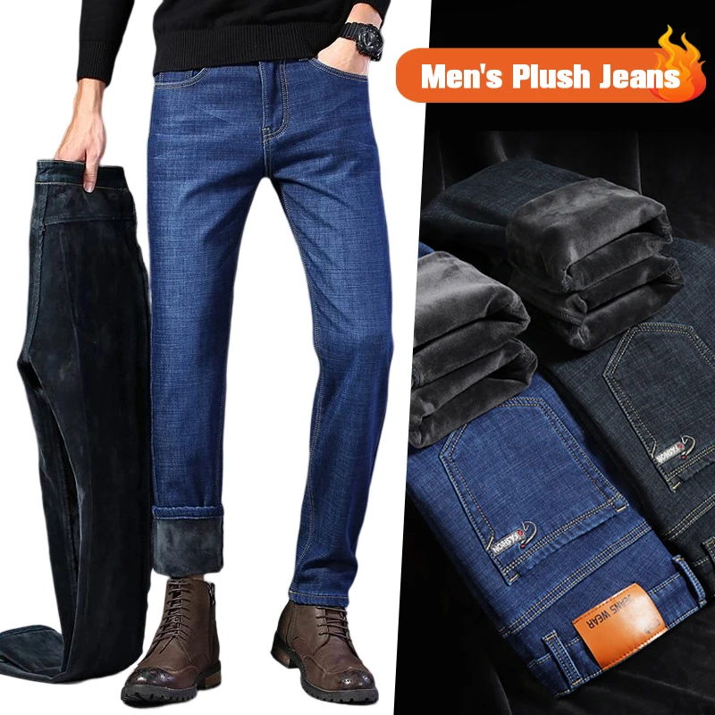 Jeans Musim Dingin Pria Fashion Celana Beludru Tebal Lentur Slim Fit Jeans Hangat Celana Panjang Bulu Kasual Jeans Beludru Termal