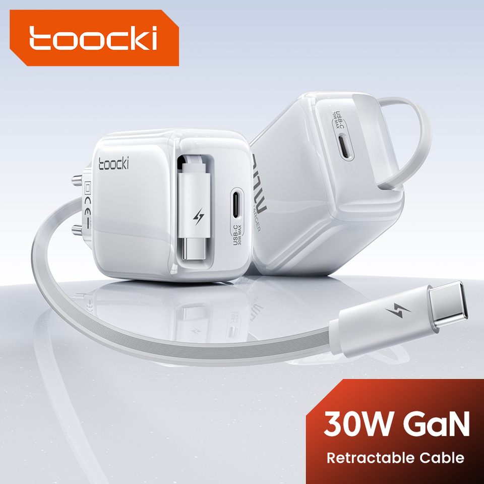  Toocki GaN 30W Fast USB Charger PD Fast Charging For iPhone16 15 USB Type C Fast Charger Quick Charge Built in Retractable Cable 