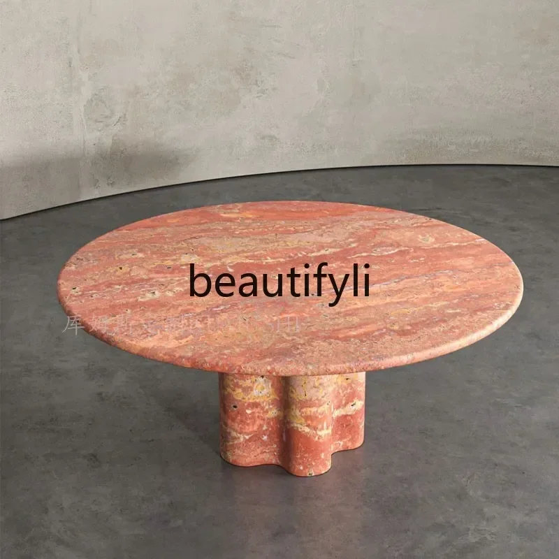 

qqNatural red hole Italian minimalist marble round modern minimalist creative light luxury Nordic natural stone dining table