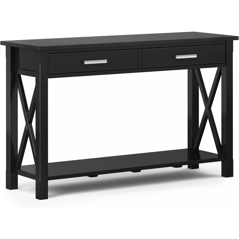 Kitchener SOLID WOOD 47 inch Wide Contemporary Console Sofa Table in Black with Storage, 2 Drawers and 1 Shelf, for the