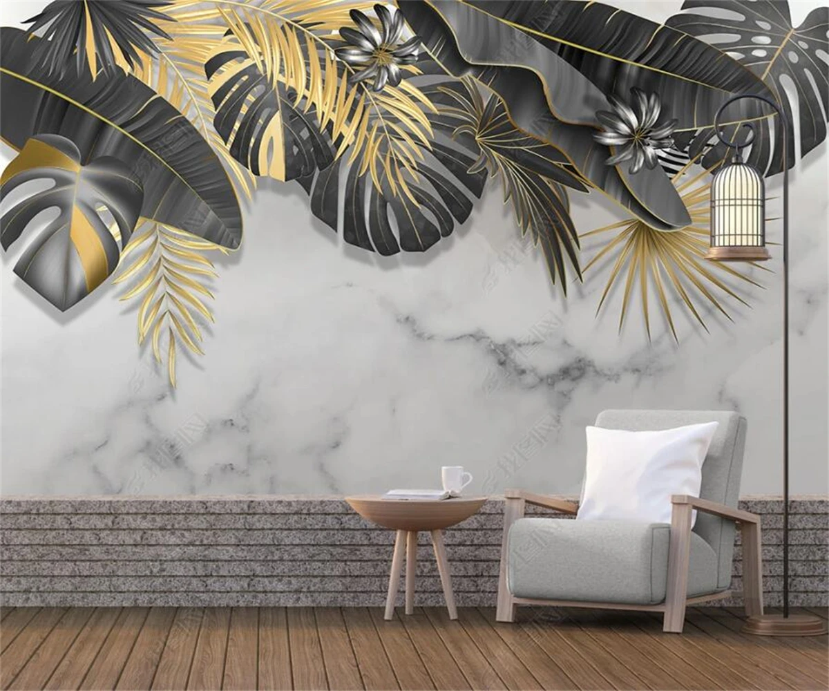 

beibehang Customize the latest Nordic minimalist hand-painted tropical plant leaf jazz white marble background wallpaper