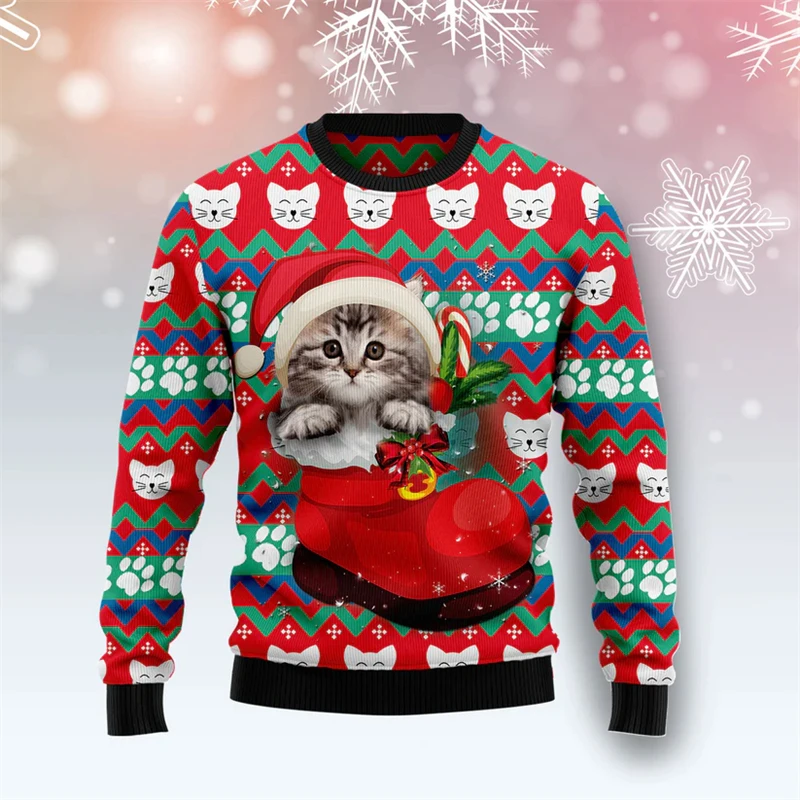 2025 New Cute Cat Ugly Christmas Sweater Fashion Funny Animals 3D Print Sweatshirt Casual Loose Mens Pullovers Kids Tracksuit