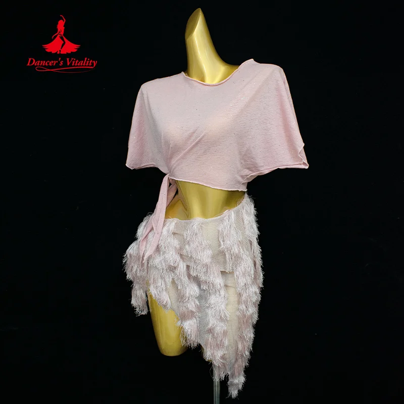 Новый костюм для танца живота, свободный и удобный топ + короткая юбка с кисточками, 2 предмета, женский комплект сексуальной тренировочной одежды для восточных танцев