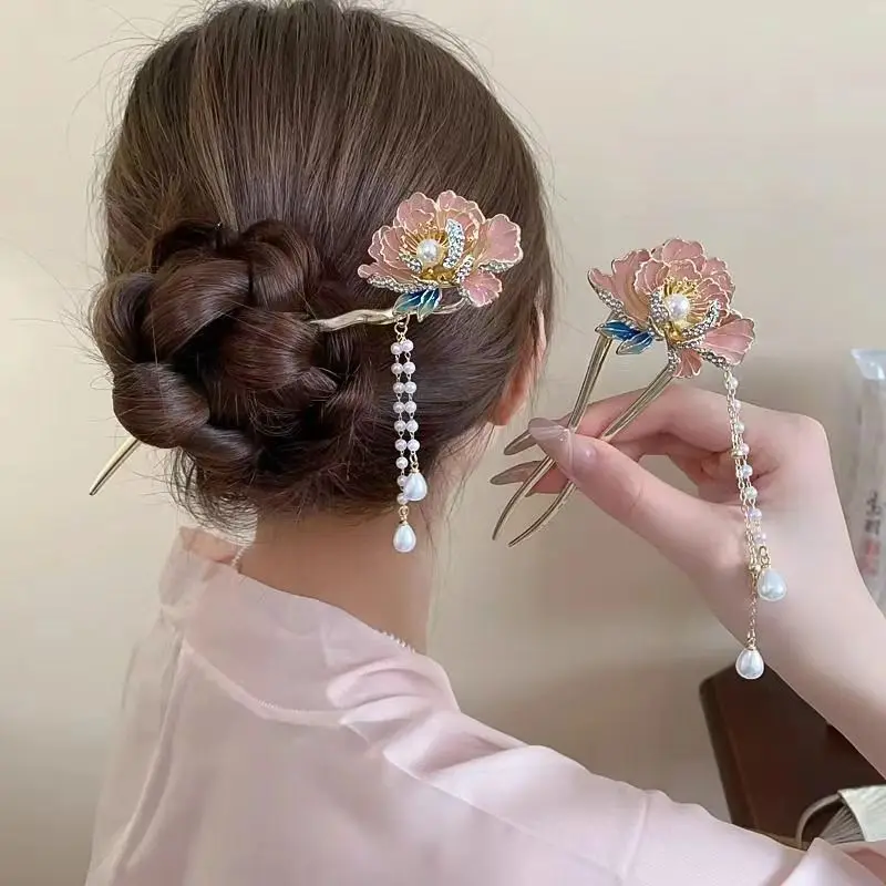 White/Purple Enamel Flower Hairpins Ancient Chinese Style U Shaped Hair Sticks Elegant Women Pearls Pendant Hair Jewelry