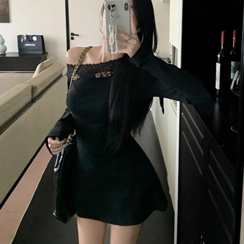 Sexy Dress Women y2k Clothes Leopard Print Lace Trim Off Shoulder Long Sleeve A Line Mini Dress Party Dresses Clubwear