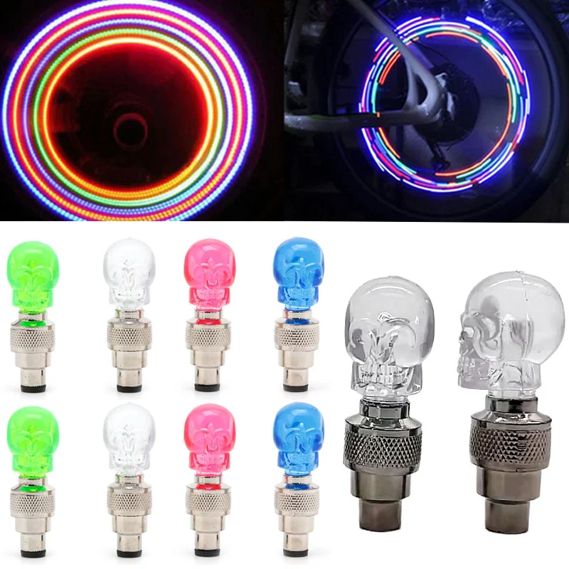 

4pcs Creative Funny Skull Shape Bike Tire Valve Cap Bicycle Tyre LED Light Fluorescent Car Motorcycle Wheel Spokes Warning Light