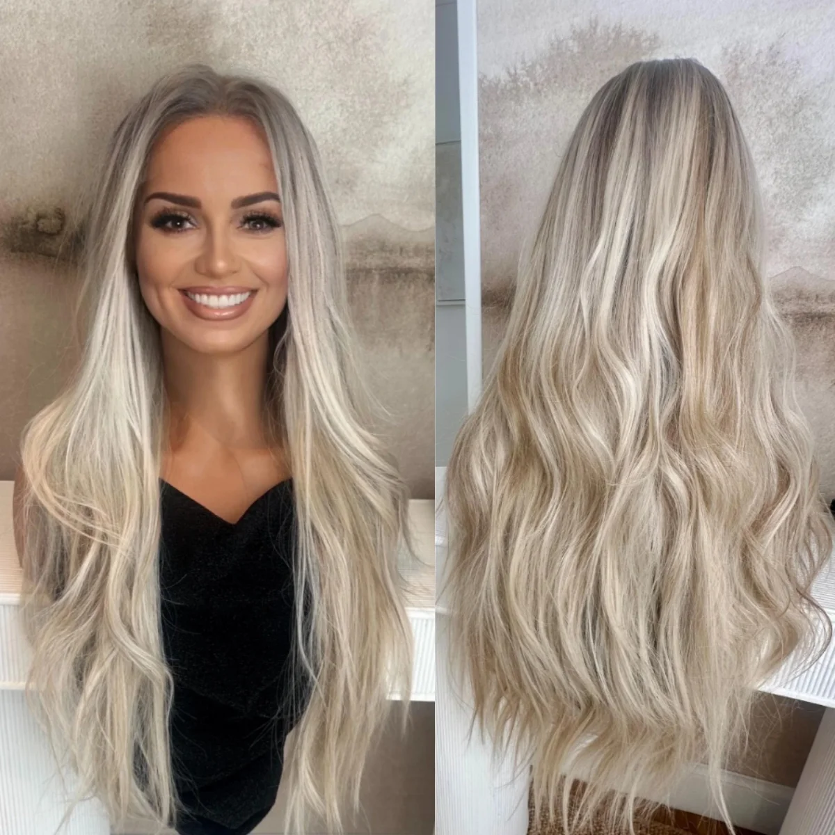 

Ombre Highlight Platinum Blonde Парик Длинная объемная волна Синтетический парик фронта шнурка Женские модные дешевые парики на распродаже Ежедневное использование