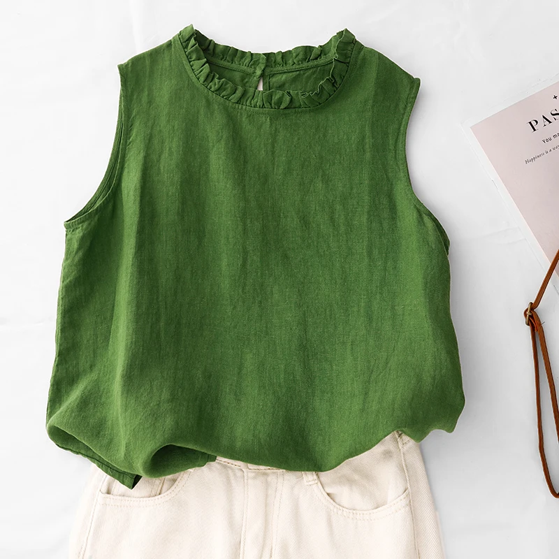 Green Sleeveless Small Vest Women's Summer New Design Ear Mushroom Collar Top Fashionable Inner Wear Casual Female Blouse