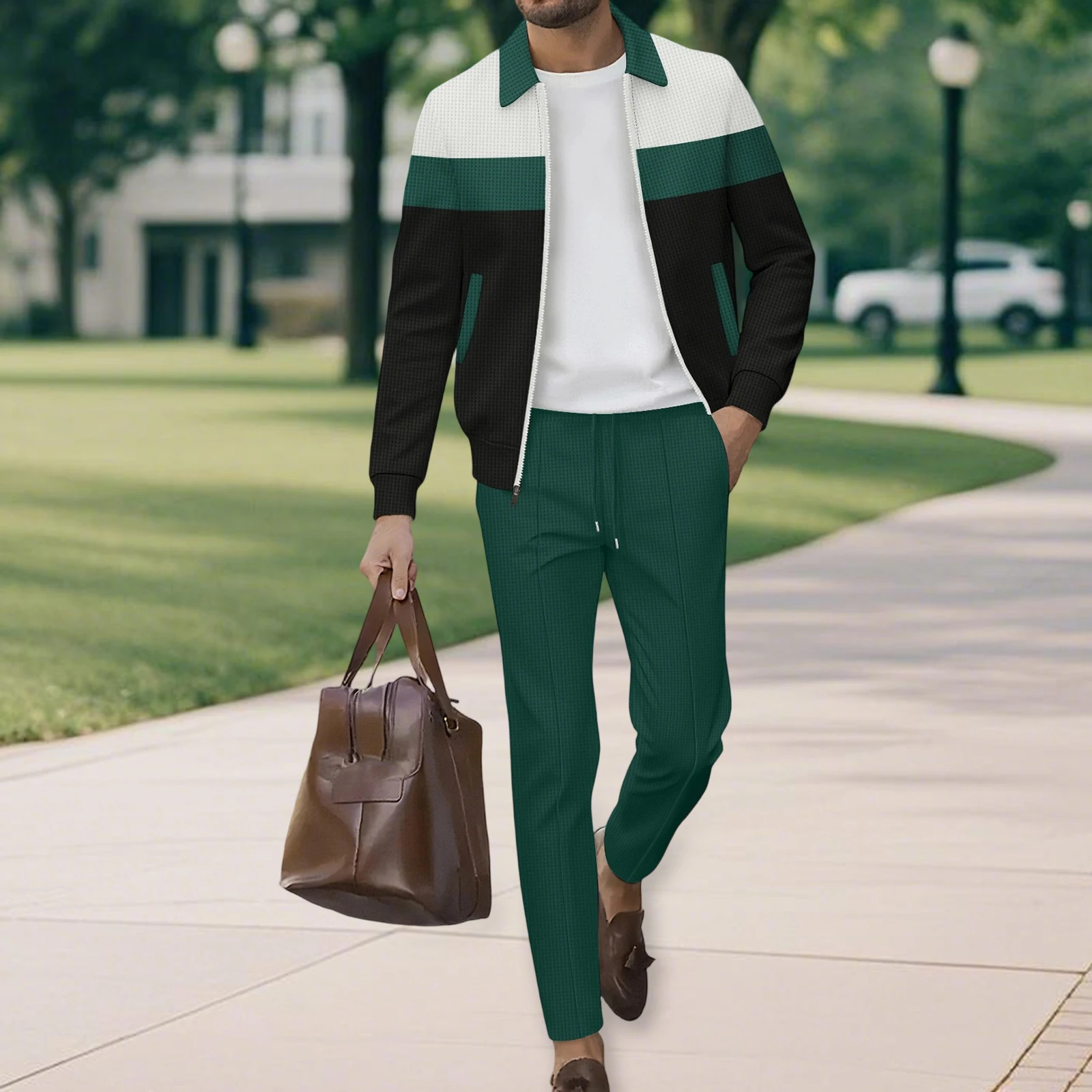 Men's Leisure Suits Stylish Contrast Color Zip Up Collared Long Sleeve Jacket and Pants 2 Pcs Set for Fall