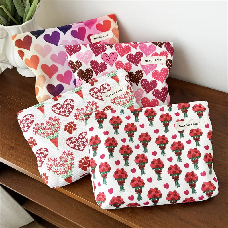 Valentine Heart Polka Dot Makeup Bag New Year Portable Handheld Cosmetic Pouch Travel Toiletry Storage Organizer for Women Girls