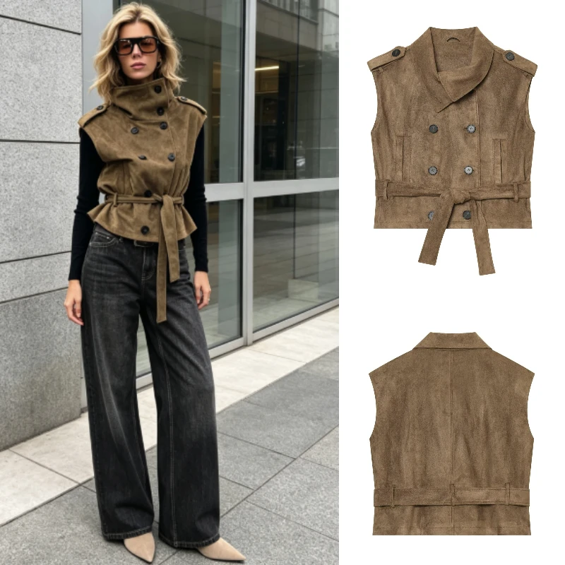 2026 Autumn Women's Faux Suede Vest, High Neck Belted Sleeveless Top, Casual High Street Vintage Waistcoat
